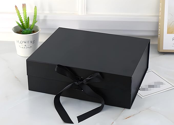 Black Luxury Magnetic Gift Box with Lid, Ribbons and Gift Bag, Medium Size-9.4x7x3 Inches, Great for Christmas, New Year, Wedding, Birthdays, Man