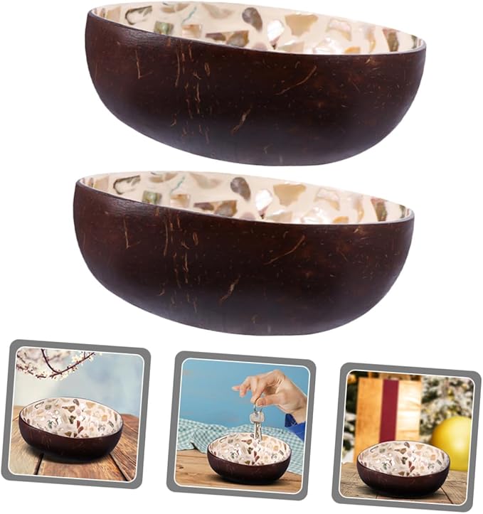 2pcs Handmade Natural Coconut Shell Bowls with Unique Hand-painted Pattern Multipurpose Food Containers for Salad Snacks Desserts and Home Decor Decorative Entryway Key Storage