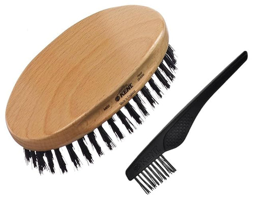 Kent MG2 Boar Bristle Hair Brush for Men, Military Brush with Natural Boar Bristles for Mens Grooming for All Hair Types, 360 Wave Brush Travel side for beard and mustache