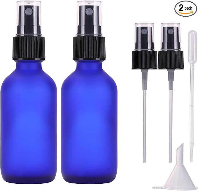 60ml Frosted Blue Glass Spray Bottles,Small Empty Fine Mist Perfume Refillable Reusable Travel Spray Bottle for Essential Oils/Hair/Aromatherapy/Cleaning/Cosmetic with Extra Spray Nozzle(2 Pack)