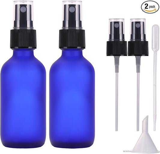 60ml Frosted Blue Glass Spray Bottles,Small Empty Fine Mist Perfume Refillable Reusable Travel Spray Bottle for Essential Oils/Hair/Aromatherapy/Cleaning/Cosmetic with Extra Spray Nozzle(2 Pack)