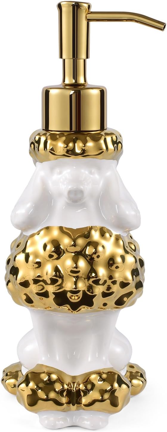 Poodle Shaped Soap/Lotion/Hand Sanitizer Ceramic Dog Lover Stainless Steel Pump Dispenser for Dog Mom Gifts, Refillable for Kitchen and Bathroom (Gold/White)