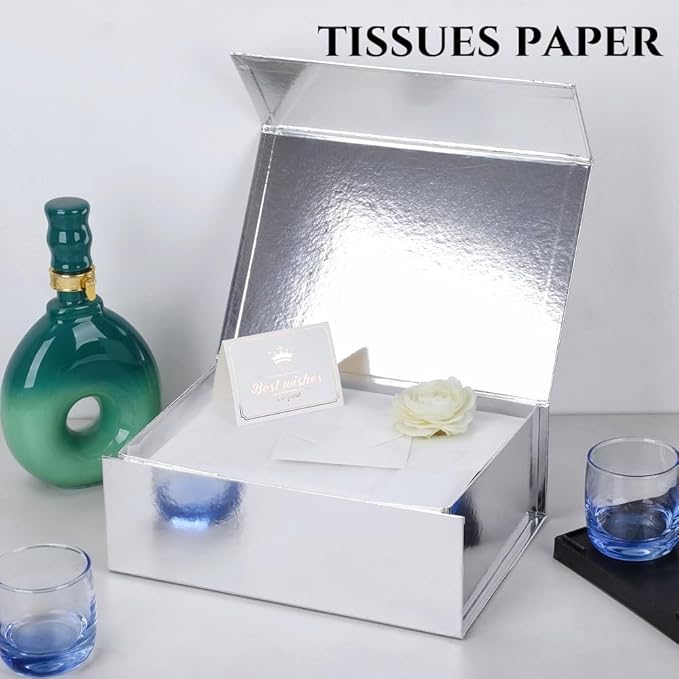 UoeRing 1 Pcs Silver Gift Box 11.5x8x4 inch Luxury Gift Box for Presents with Magnetic Lid Collapsible,Birthday,Christmas,Contains Card, Ribbon, Tissue Paper,Shredded Paper Fille