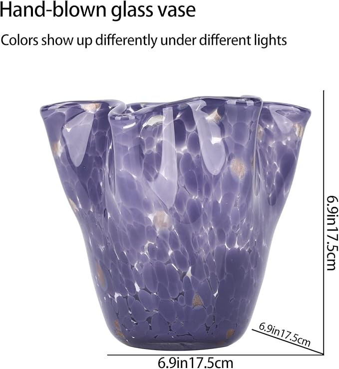 Hand Blown Glass vase Decorative, Purple Wide Mouth Petal vase, Modern Art Design Decorative vase for Home Decor Living Room, Centerpiece, Table and Wedding.huaban (E-2)