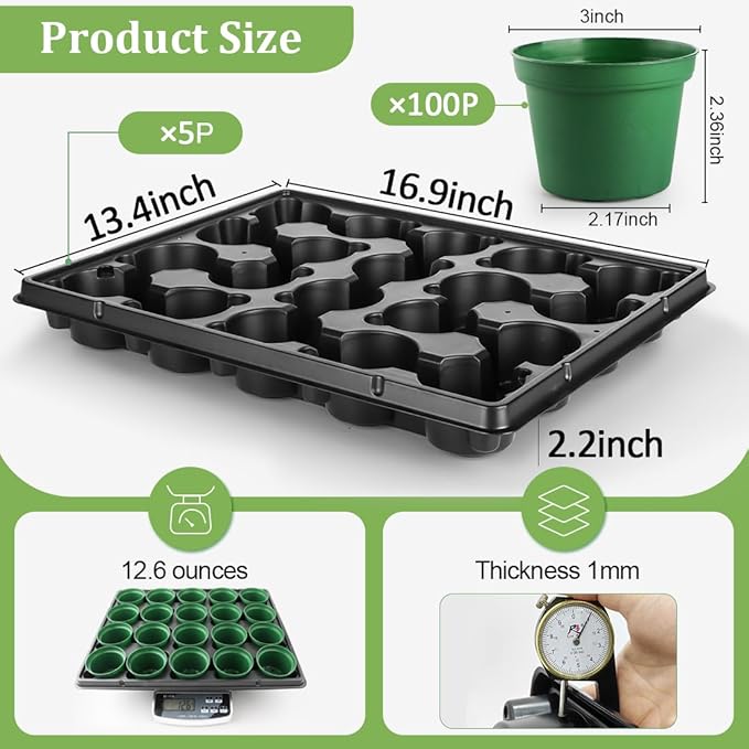 3 Inch Nursery Pots 100 Pcs with 5 Pcs 20 Cell Nursery Pot Trays, 5 Sets Seed Starting Kit for Seedlings, Propagation and Home Gardening, Sturdy Green Seeds Starter Pot Tray Germination Set