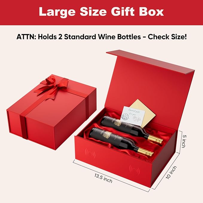 Large Red Gift Box with Lid: 2 Pack 13.5×10×5 Inches - Strong Magnetic Closure for Valentines Christmas Bridesmaid Gifts – Perfect for Couples Friends Family
