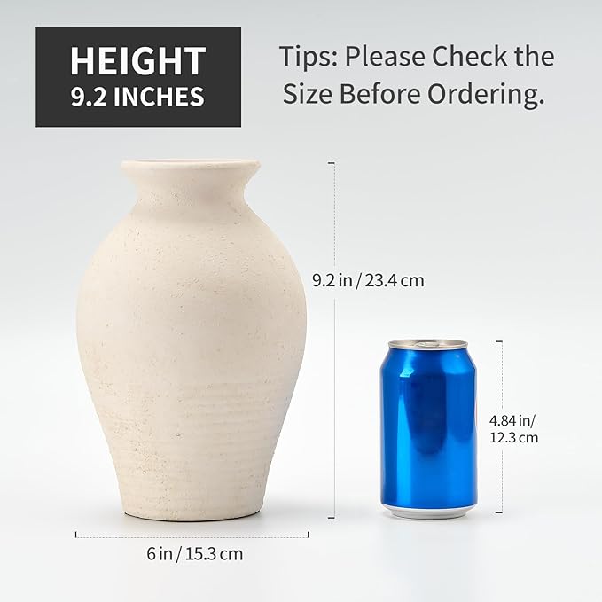 LUKA Ceramic Rustic Farmhouse Vase, 9.2 inch Whitewashed Terracotta Vase, Pottery Decorative Vases,Clay Decorative Vases for Home Decor, Table, Living Room, Shelf, Mantel Decoration(Off-White)