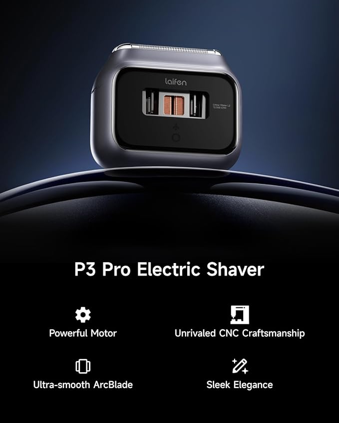 Laifen P3 Pro 3-Blade Electric Shaver, Dual Linear High-Speed Motors 12,000 Cuts/Min, 100-Min Runtime, IPX7 Waterproof, Rechargeable Electric Razor for Men, Travel-Friendly (Space Gray Aluminum Alloy)