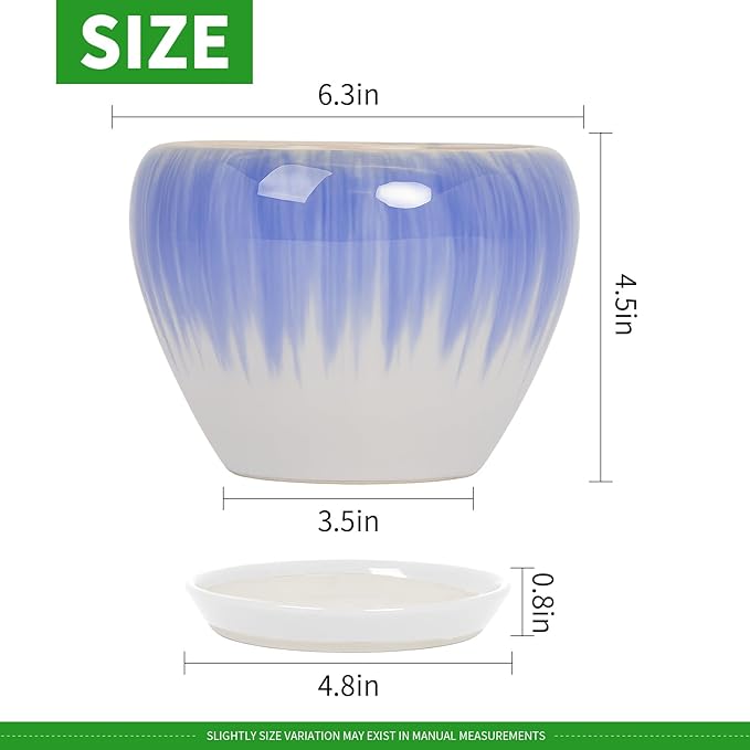 Deep Dream 6 Inch Plant Pots- Ceramic Planter Pot with Drainage Hole and Saucer, Round Flower Pot for Indoor Outdoor Succulent, Snake Plants and Cactus, White&Blue