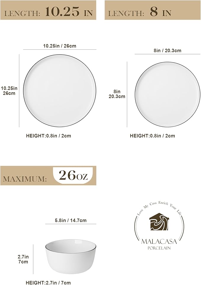 MALACASA 24 Pieces Gourmet Porcelain Dinnerware Sets, Premium Plates and Bowls Set, High-Fired Dishes Set for 8, Chip & Scratch Resistant, Microwave Dishwasher Safe, White & Black Rim, Series LEXI