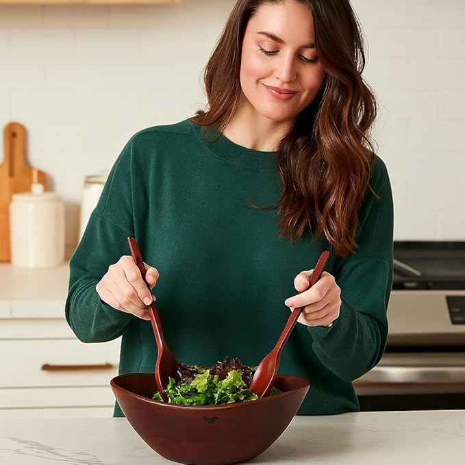 Melvvi Large Wooden Salad Bowl Set with 2 Serving Utensils | 12" Acacia Wood Royal Brown color Bowls for Food | Great Gift for Thanksgiving & Christmas (Royal Set of 3)