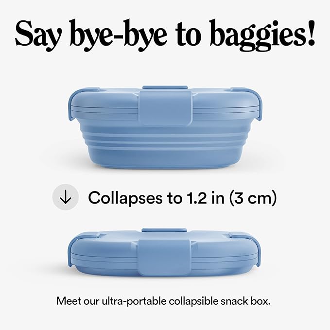 STOJO Jr Collapsible Box for Kids - Steel Blue, 24oz - Leak-Proof Reusable Silicone Travel Bowl for Hot & Cold Food - For Home, On-The-Go Camping & Hiking - Microwave & Dishwasher Safe