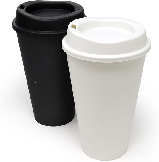 Rolling Sands USA Made 16 oz Reusable Coffee Cups with Lids 2 Pk, To Go Travel Cups, Hot or Cold Drinks, Dishwasher and Microwave Safe, Black and White