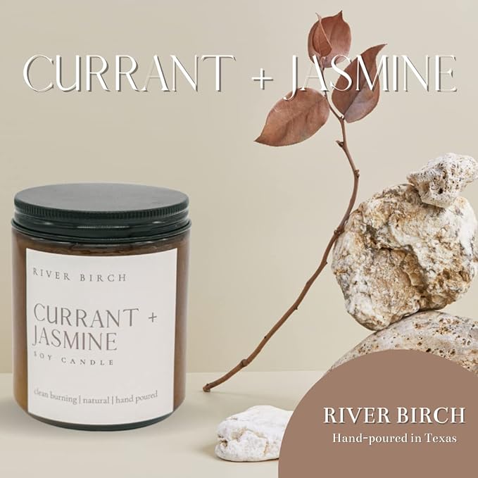 River Birch Candles Currant + Jasmine Scented Candle | Premium, All-Natural, Non-Toxic, Soy Candles | 8.5oz 40 Hr Burn Time | Cozy Relaxing Gifts for Home
