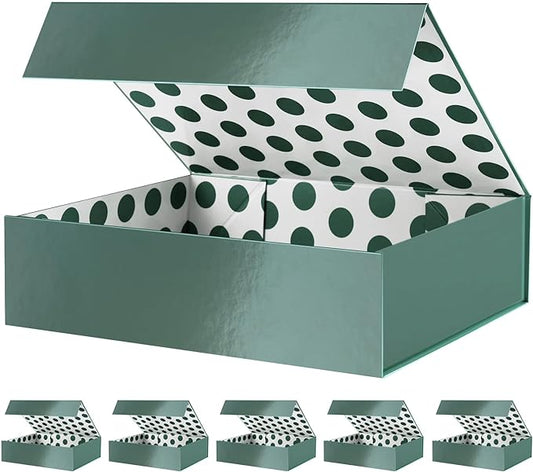 GREEN BEAN 6 Gift Boxes 13x9.7x3.4 Inches, Large Green Gift Boxes with Lids for Presents, Magnetic Gift Boxes for Clothes, Shirt Gift Boxes (Glossy Metallic Green, Dot Design Inside)