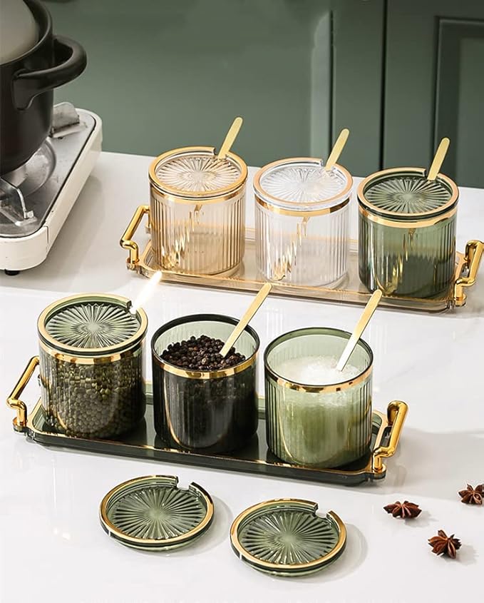 Acrylic Condiment Spice Jars and Box with Lids, Spoons, Tray - 3 Pack, Clear Plastic Canisters, Seasoning Box Set for Salt, Paprika, Sugar - Kitchen Storage