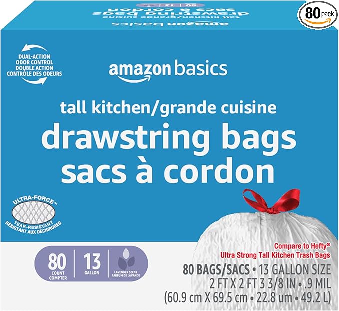 Amazon Basics Ultra-Force Tall Kitchen Drawstring Trash Bags, Lavender Scented, 13 Gallon, 80 Count, Pack of 1