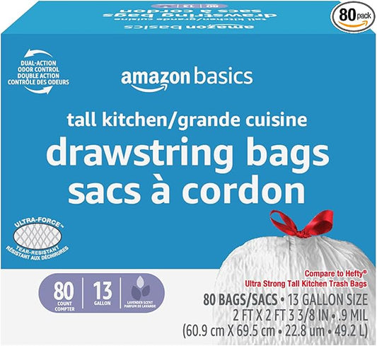 Amazon Basics Ultra-Force Tall Kitchen Drawstring Trash Bags, Lavender Scented, 13 Gallon, 80 Count, Pack of 1