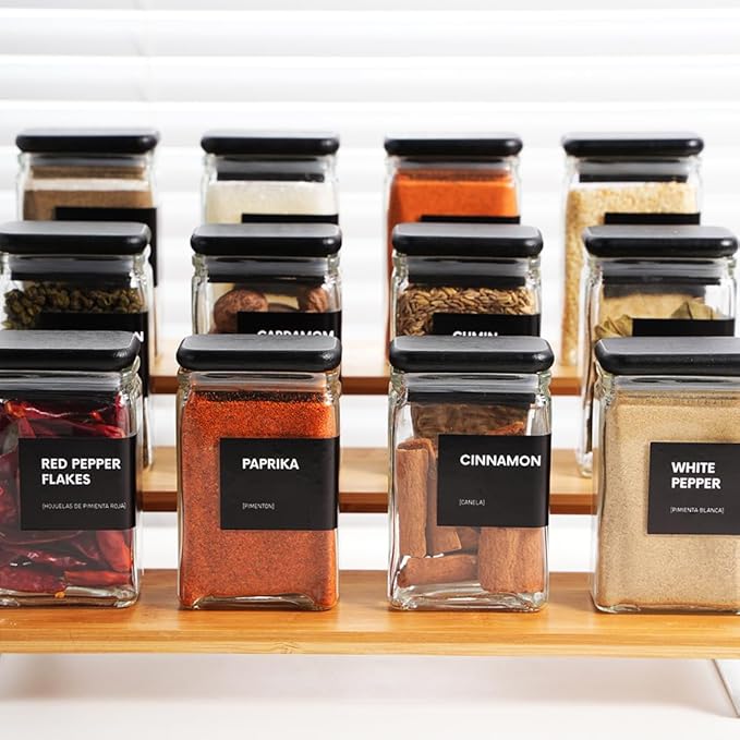 APT 1101 Glass Square Spice Jars with Labels, 4oz Glass Jars with Bamboo Lids, Spice Bottles, Seasoning Organizer, 12 Pack (Black)