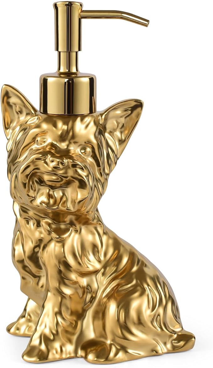 Yorkshire Terrier Shaped Soap/Lotion/Hand Sanitizer Dog Lover Stainless Steel Pump Dispenser for Dog Gifts, Refillable for Kitchen and Bathroom(Gold)