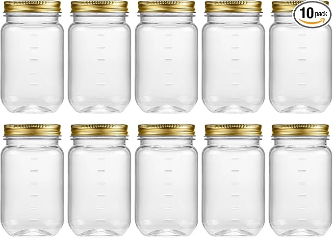 novelinks 16 oz Clear Plastic Jars with Screw-On Lids - BPA-Free Refillable Storage Containers for Slime, Food, Crafts, Kitchen & Household Use (10 Pack,Gold)
