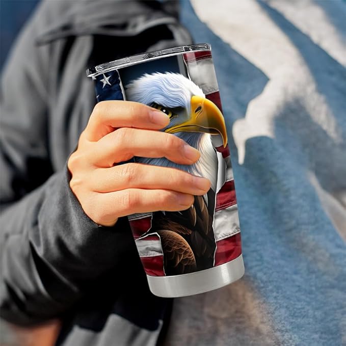 SANDJEST Eagle Tumbler 20oz Stainless Steel Insulated Coffee Travel Mug Cup American Flag Eagle Gifts for Men, Veterans on Birthday Christmas