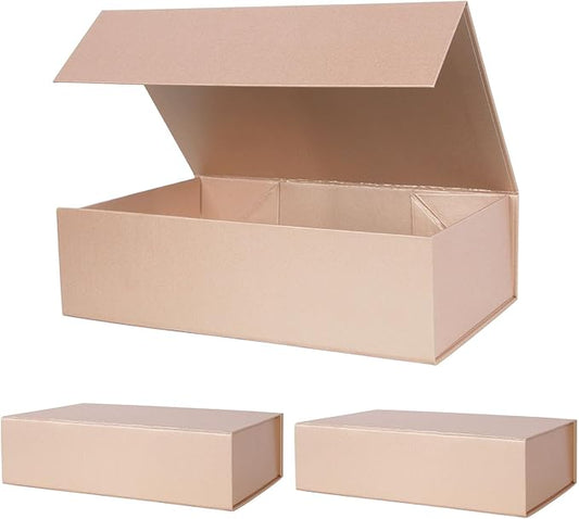 Aimyoo Gold Collapsible Gift Box with Magnetic Closure Lids 10.5x7x3 in, Bridesmaid Groomsmen Proposal Box, Medium Rectangle Box for Present Graduation Storage 3 Pack