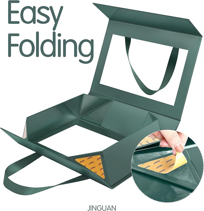 JINGUAN 5 Green Gift Boxes with Windows, Lids, and Handles - Clear Magnetic Gift Boxes for Presents - Size: 10.5x7.5x3 Inches