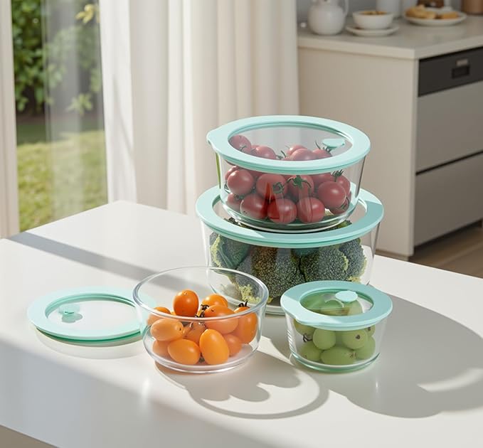Urban Green Glass Food Container Set with Glass Lid, 4 Pack, Meal Prep Containers with Silicone Framed Airtight Lid, Leakproof, 100% Plastic Free,