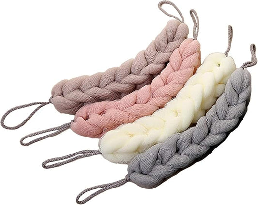 AARainbow 4 Packs Long Stretch Back Sponge with Rope Handles Back Scrubber Bath Shower Mesh Sponge Exfoliating Body Scrub Stretch Braided Loofah for Men and Women (1 White+1 Grey+1 Pink+1 Lotus Pink
