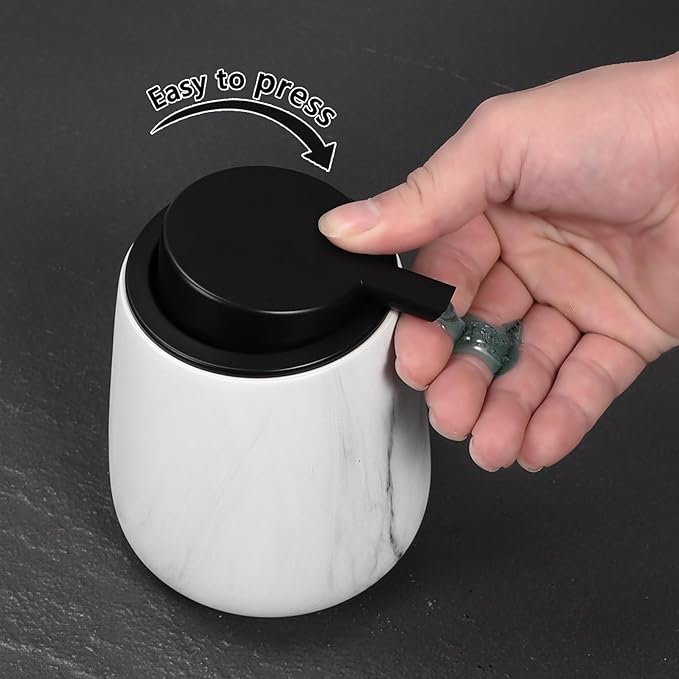 12Oz Ceramic Liquid Soap Dispenser - Modern Lotion Hand Soap Dispenser with Easy-to-Press Black Pump, Reusable and Refillable Dish Soap Dispensers for Bathroom & Kitchen, Marble White