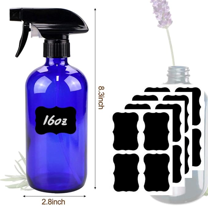 Glass Spray Bottle, Blue Glass Spray Bottle Set & Accessories Refillable for Plants Window Cleaners Aromatherapy Facial Hydration Watering Flowers Hair Care (2 Pack/16 oz) (Blue)