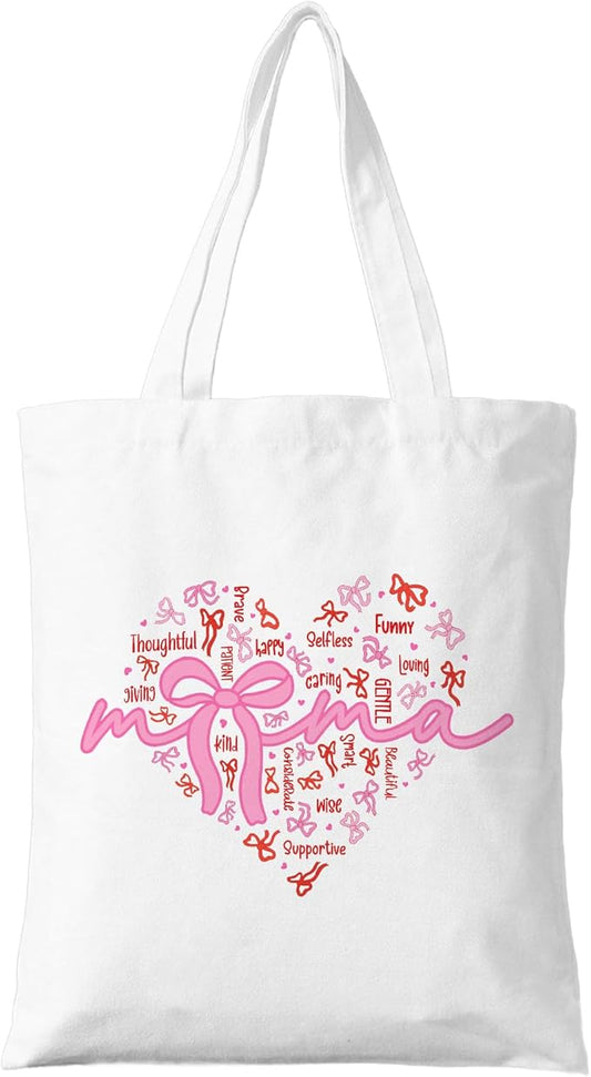 Pink Bow Mama Tote Bag, Practical Mother's Day/Birthday/Christmas Gift, Cute Canvas Bag, Reusable Shopping Bag for Mom, Grandma. (077)