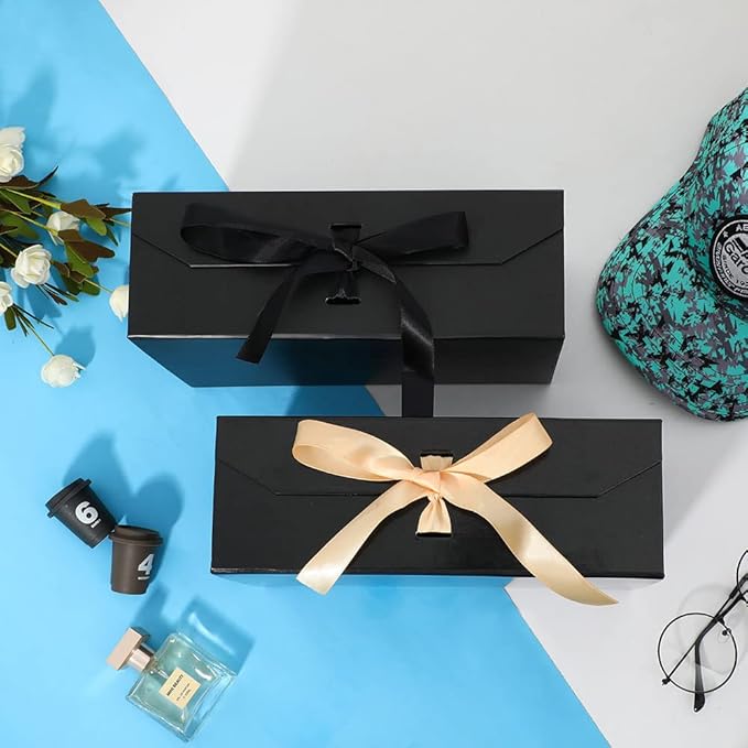 Large Black Gift Box With Ribbon and Magnetic Closure Lid, 12x8x4.5 Inches - Bridesmaid Proposal Box for Festival (Matte Black)