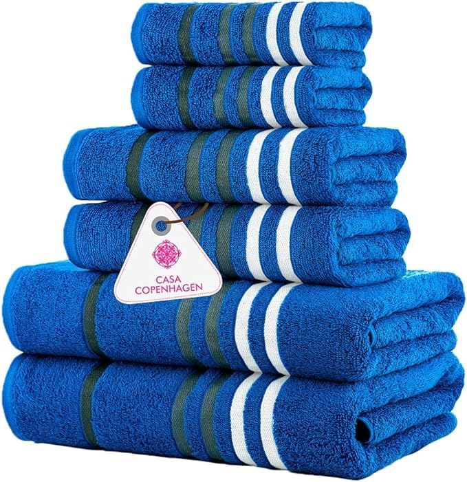 CASA COPENHAGEN Exotic 6 Pieces Towel Set- Electric Blue, 525 GSM 2 Bath Towel 2 Hand Towel 2 Washcloth, Designed in Denmark Made of Soft Egyptian Cotton for Bathroom, Kitchen & Shower
