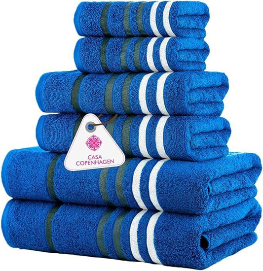 CASA COPENHAGEN Exotic 6 Pieces Towel Set- Electric Blue, 525 GSM 2 Bath Towel 2 Hand Towel 2 Washcloth, Designed in Denmark Made of Soft Egyptian Cotton for Bathroom, Kitchen & Shower