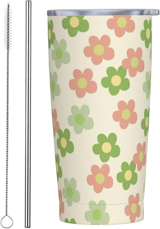 Flowers Tumbler,Daisy flower 20oz Stainless Steel Insulated Travel Tumblers,Travel Coffee Mug with Lid and Straw Water Bottle Drink Tumbler Cups Gifts for Women Men Lovers