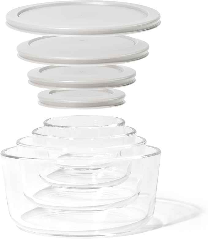 DURA LIVING 8-Piece Glass Food Storage Containers Set (4 Containers + 4 Lids) | Round, Nesting, Microwave & Dishwasher Safe | BPA-Free, Space-Saving | Grey Lids for Pantry & Kitchen Organization