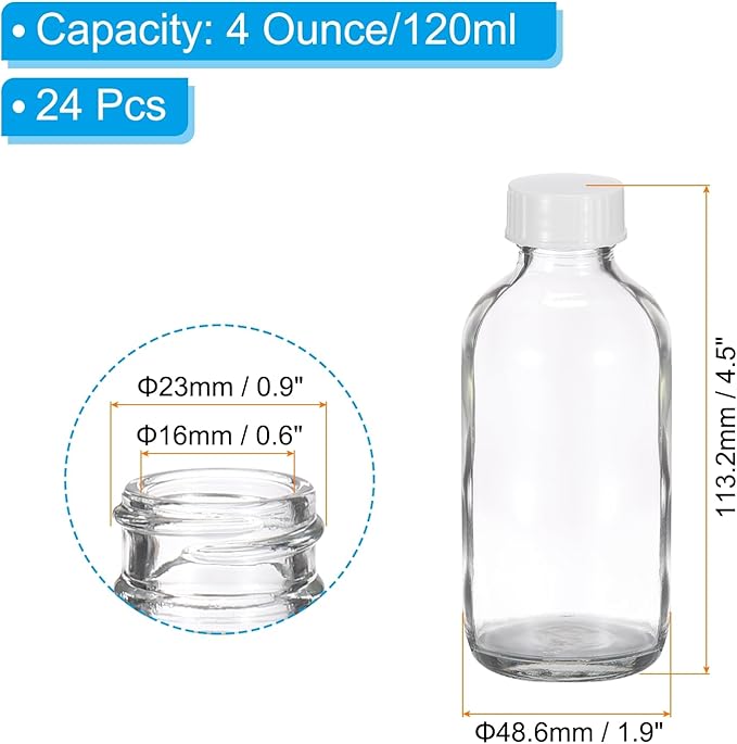 PATIKIL 4oz(120ml) Glass Sample Bottles, 24Pcs Round Bottle Dispensing Bottles with White Poly Cone Cap for Reagent Liquids, Juice, Perfume Hot Sauce Ginger Shots, Transparent