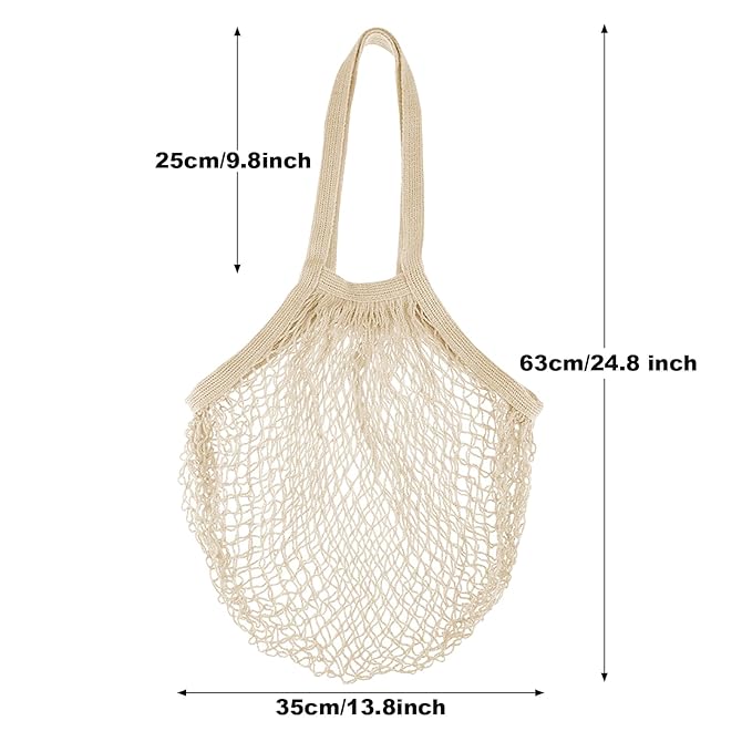 Zyzhogar 3 Pack Cotton Mesh Grocery Bags,Reusable Grocery Net Bags Washable Fruit and Vegetable Storage Bag Long Handle Net Tote Shopping Bags for Farmers Market, Grocery,Shoping or Trip,Beige