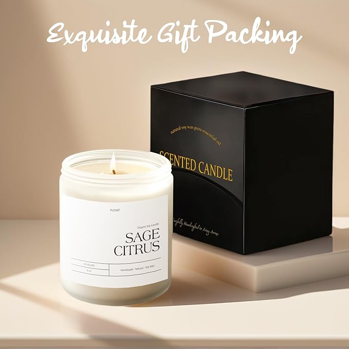 Sage Citrus Candles for Home Scented, 9oz Natural Soy Aromatherapy Non Toxic Candles with Long Lasting Fragrance & Clean Burn, Luxury Jar Candle Gift for Women, Men, Home Decoration, White