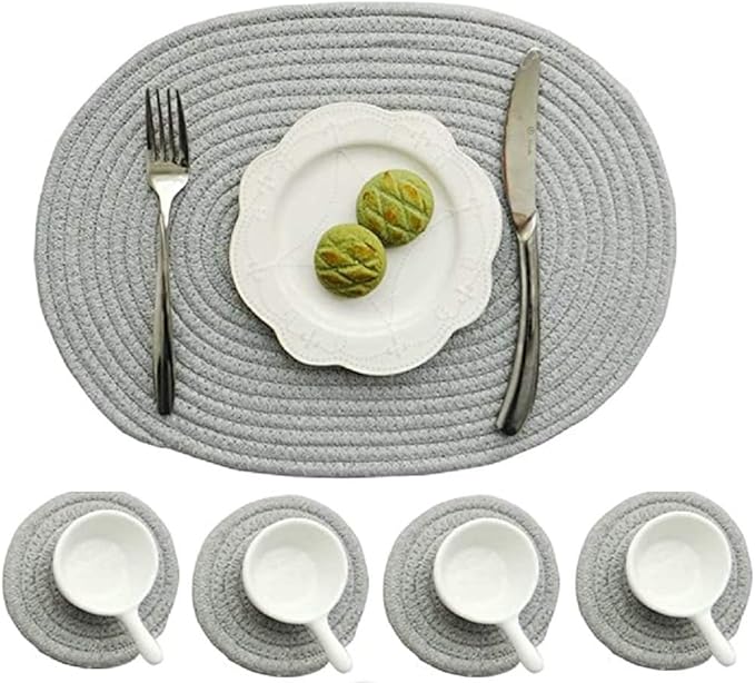 4 Pack Oval Woven Placemats, Gray Cotton Rope Braided Placemats with 4 Pack Round Fabric Coasters, Heat-Resistant Non-Slip Cotton Table Mats Charger Plates for Table Decoration (Gray)