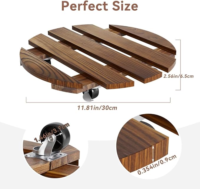 2 Pack Plant Stand Indoor and Outdoor, 12IN Premium Wooden Plant Caddy with Wheels, Heavy Duty Plant Stands with 360° Lockable Wheels, Classic Plant Cart