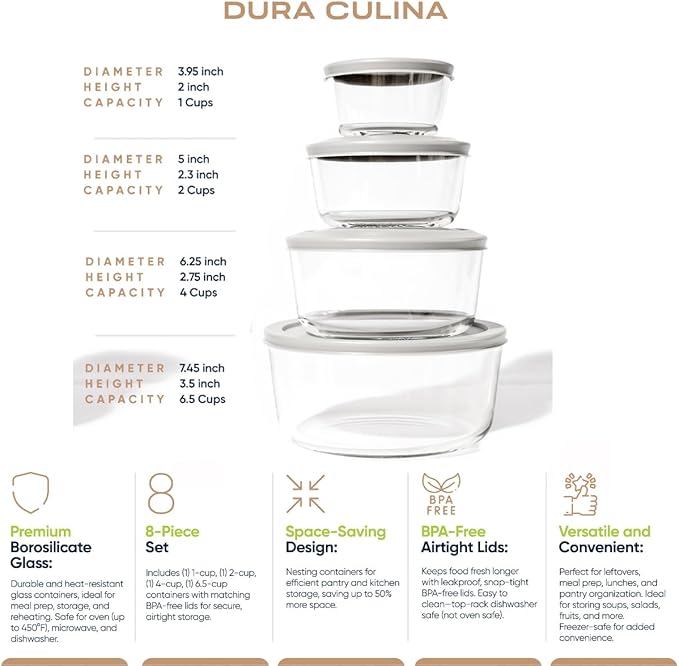 DURA LIVING 8-Piece Glass Food Storage Containers Set (4 Containers + 4 Lids) | Round, Nesting, Microwave & Dishwasher Safe | BPA-Free, Space-Saving | Grey Lids for Pantry & Kitchen Organization