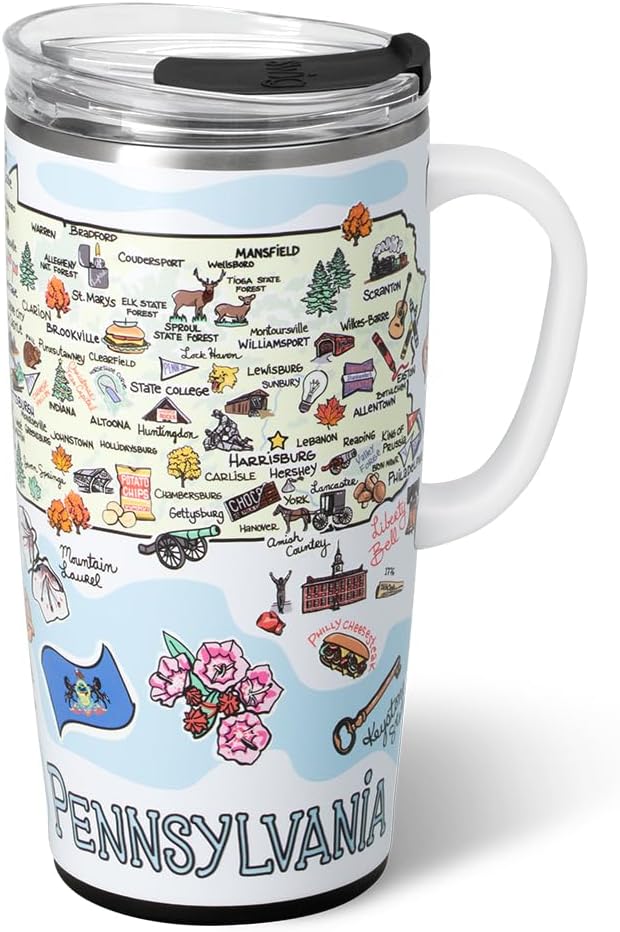Swig Life 22oz Travel Mug, Insulated Tumbler with Handle and Lid, Travel Coffee Mug, Cup Holder Friendly, Stainless Steel 22 oz Tumbler, Reusable Insulated with Lid (Pennsylvania)