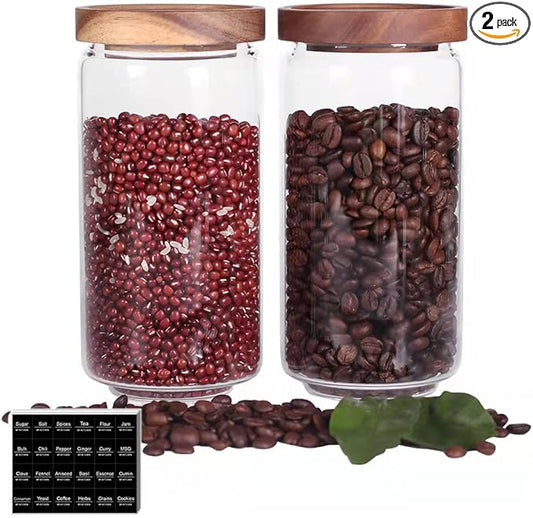 SAIOOL Home Borosilicate Glass Kitchen jars/Canisters with Acacia Wood Airtight Lid Set-2 Pack 30Oz/900ml,Minimalist Preprinted Farmhouse Style. White Matte Sticker Black Text.