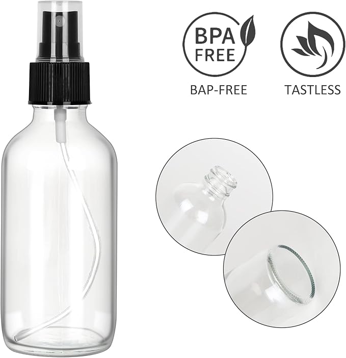 CycleMore 25 Pack 4oz Clear Glass Spray Bottles with Fine Mist Sprayers, Glass Travel Bottles for Cosmetic Essential Oils Cleaning Solutions Perfumes & More Liquids (1 Brush, 2 Funnels and 36 Labels)