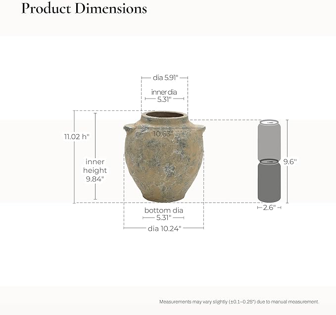 LuxenHome Rustic Ceramic Vase, 11" Tall Old-World Brown with Gray Round Terracotta Vases with Handles, Vintage Pottery Decorative Vase for Shelf Dining Table, Farmhouse Flower Vase for Home Decor