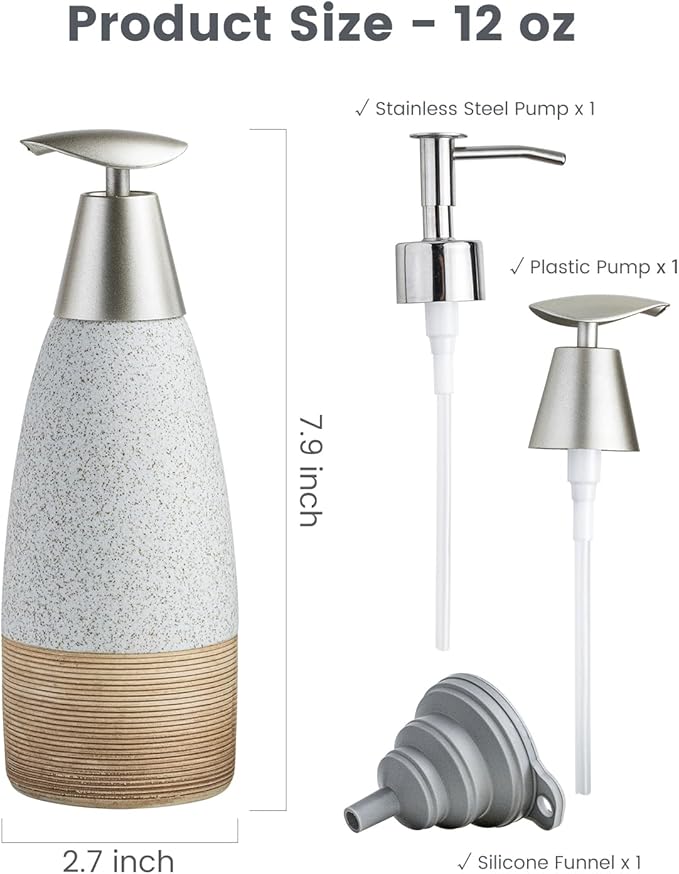 12oz Dish Soap Dispenser with 2 Pumps for Hand Soap, Shampoo, Lotion, Conditioner, Ceramic Refillable Soap Bottle with Silicone Funnel for Thanksgiving, Christmas Bathroom, Kitchen, Speckled White