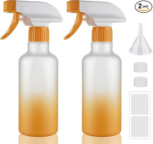 Plastic Spray Bottles 12oz 2 Pack Adjustable Mist/Stream Spraying Heavy Duty Square Water Spray Bottles for Hair, Cleaning Solutions, Plants, Cooking，BBQ，Essential Oils (Yellow)